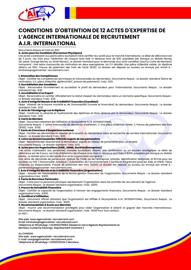 Conditions d’obtention des 12 Actes d’Expertise d’A.I.R. International